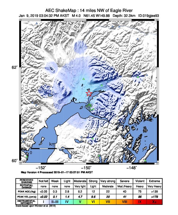 USGS ShakeMap: estimated shaking intensity around the epicenter