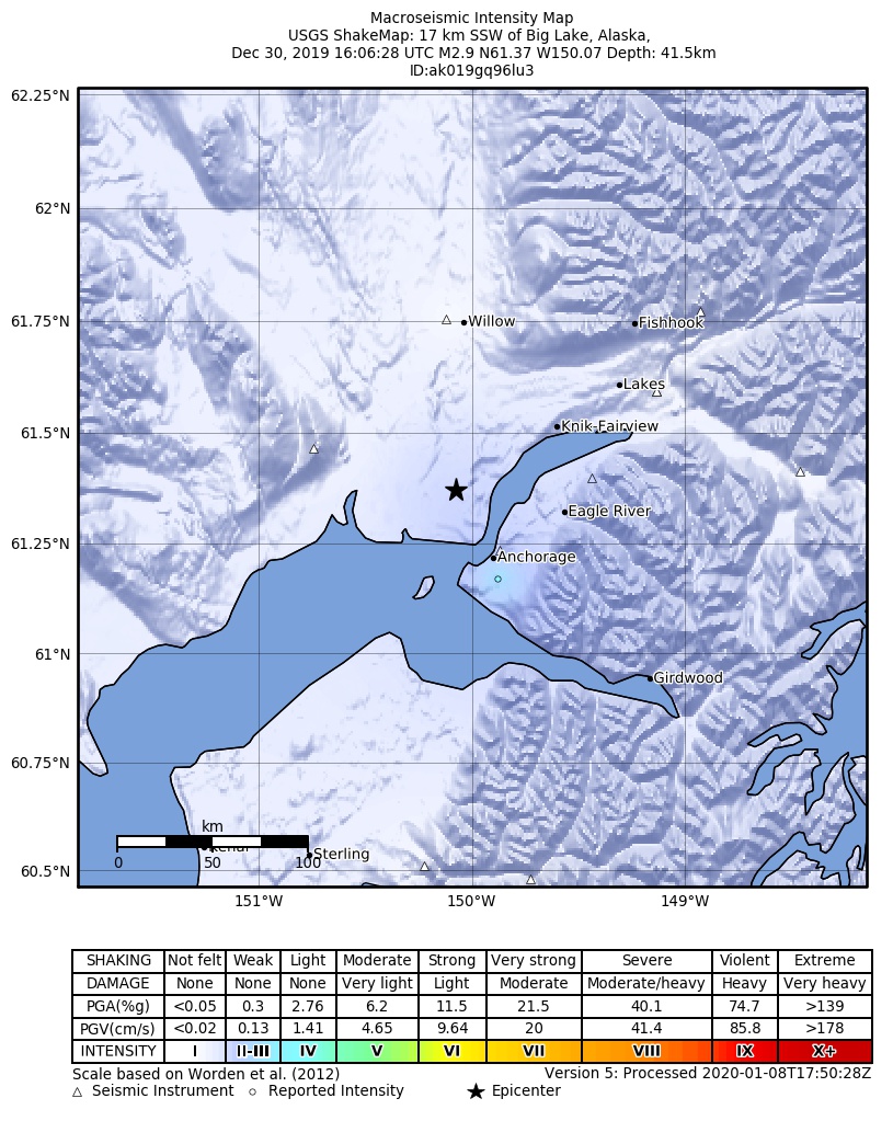USGS ShakeMap: estimated shaking intensity around the epicenter