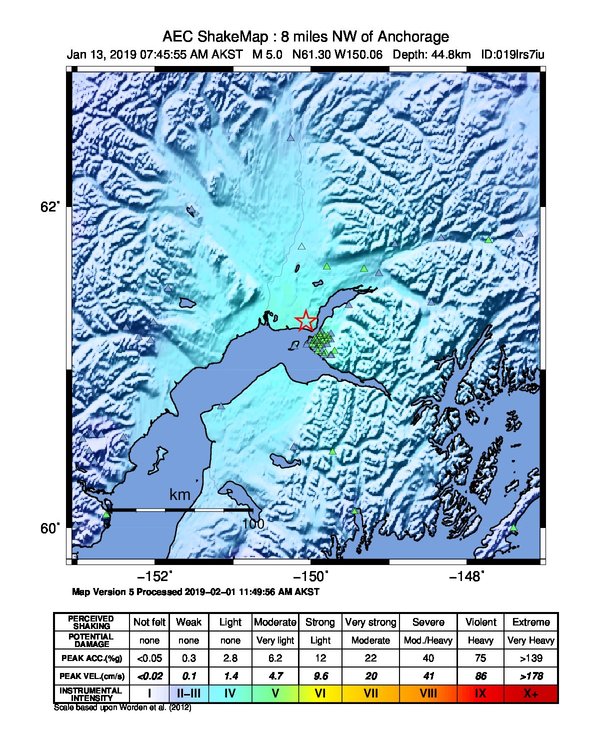 USGS ShakeMap: estimated shaking intensity around the epicenter