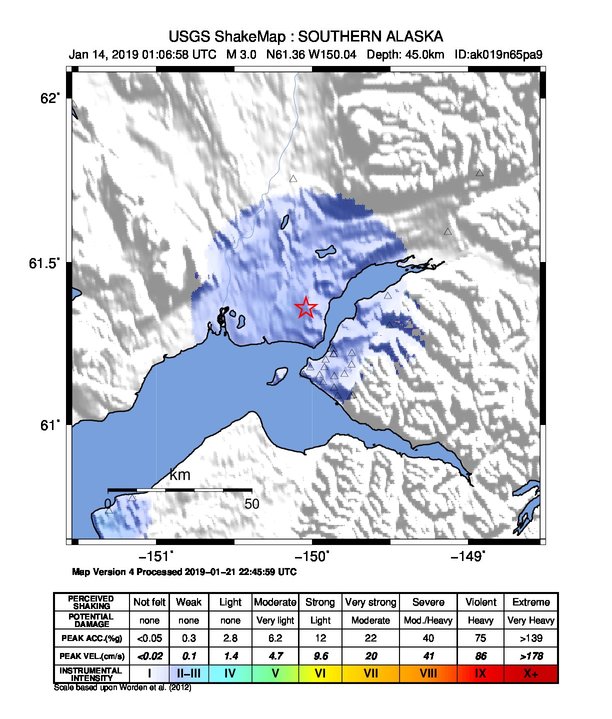 USGS ShakeMap: estimated shaking intensity around the epicenter