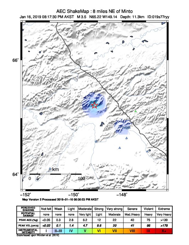 USGS ShakeMap: estimated shaking intensity around the epicenter