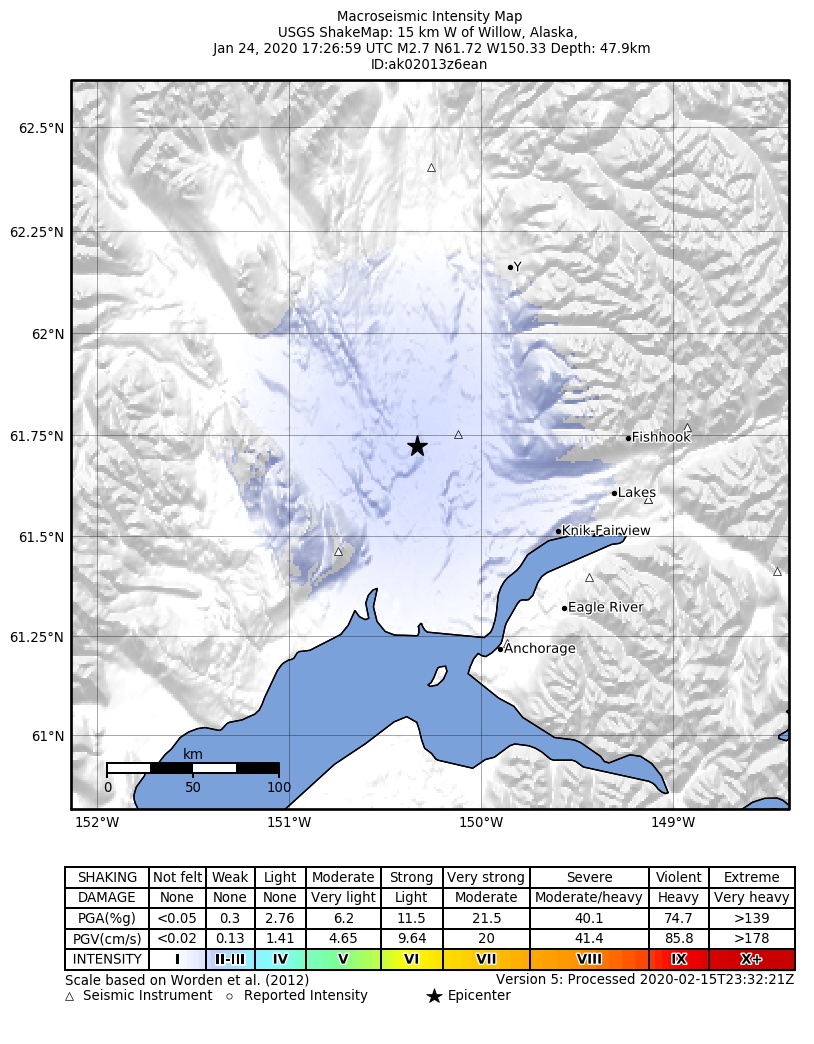 USGS ShakeMap: estimated shaking intensity around the epicenter
