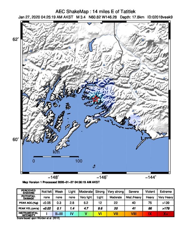 USGS ShakeMap: estimated shaking intensity around the epicenter