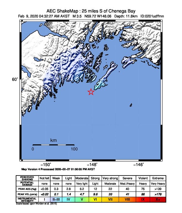 USGS ShakeMap: estimated shaking intensity around the epicenter