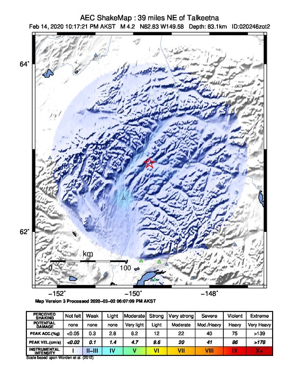 USGS ShakeMap: estimated shaking intensity around the epicenter
