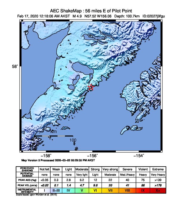 USGS ShakeMap: estimated shaking intensity around the epicenter