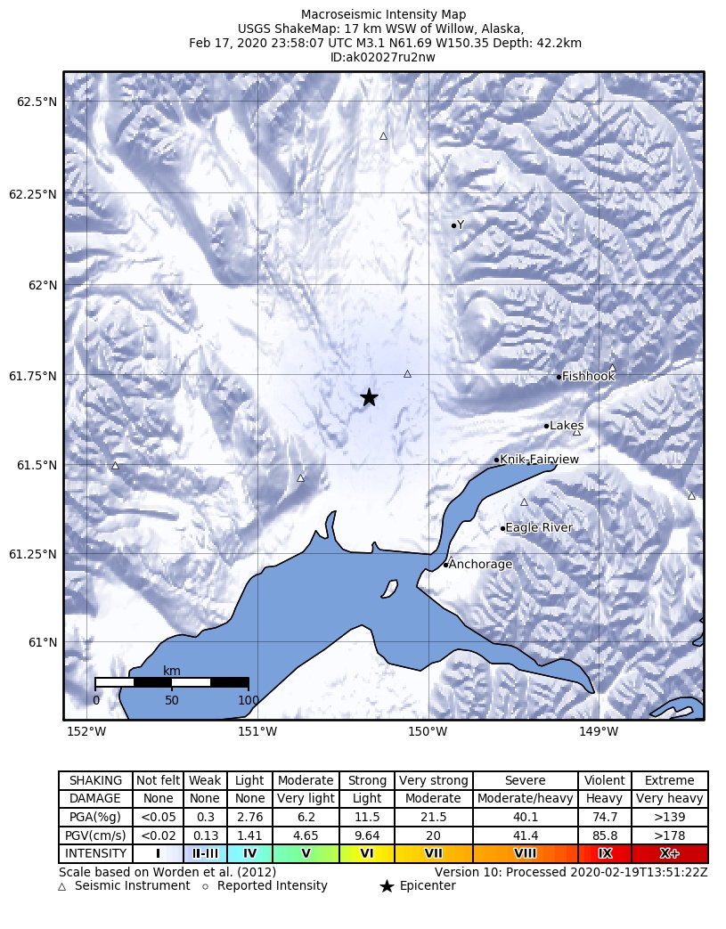 USGS ShakeMap: estimated shaking intensity around the epicenter