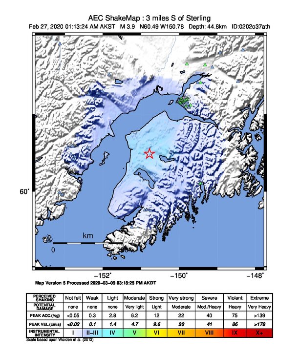USGS ShakeMap: estimated shaking intensity around the epicenter
