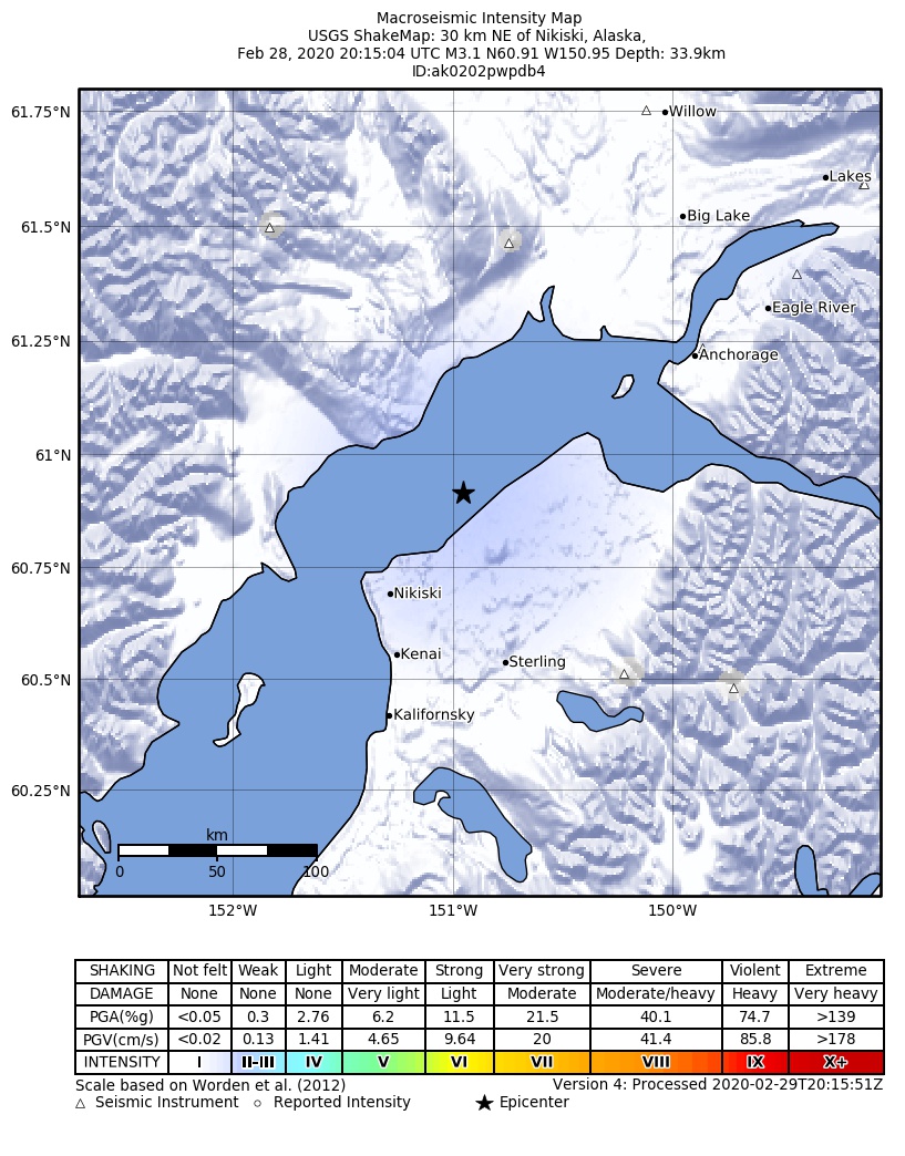 USGS ShakeMap: estimated shaking intensity around the epicenter