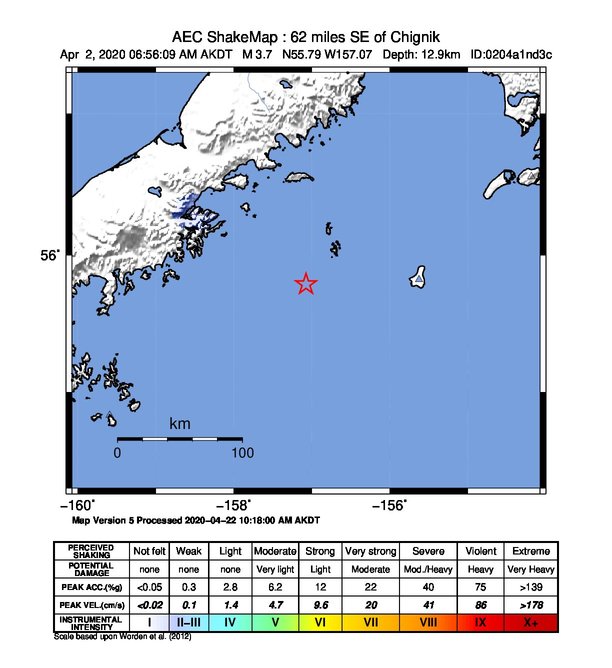 USGS ShakeMap: estimated shaking intensity around the epicenter
