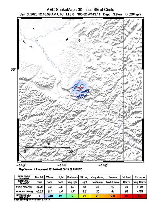 USGS ShakeMap: estimated shaking intensity around the epicenter