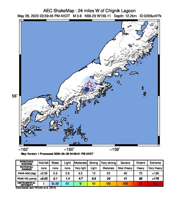 USGS ShakeMap intensity contours for the M3.4 earthquake near 17 km WNW of Chignik Lake, Alaska