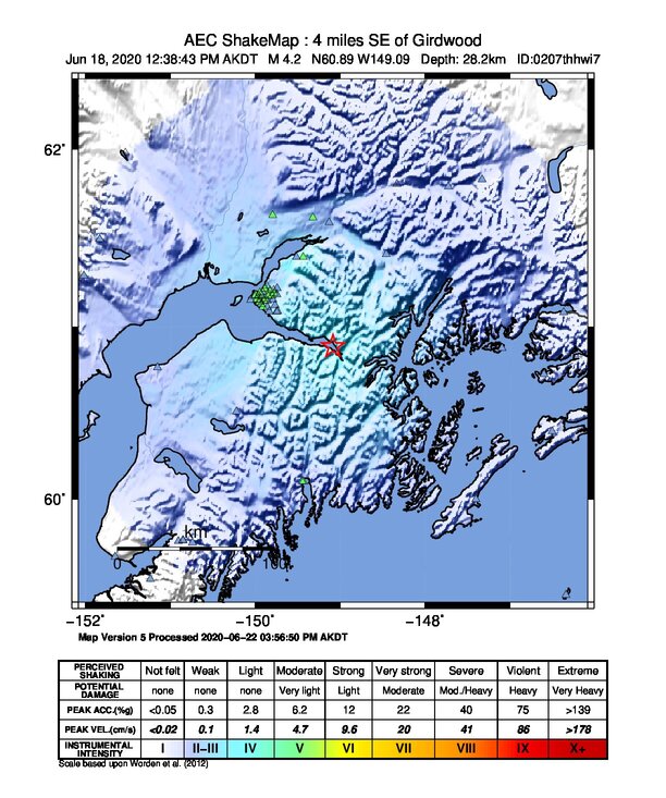 USGS ShakeMap intensity contours for the M4.2 earthquake near 7 km SE of Girdwood, Alaska