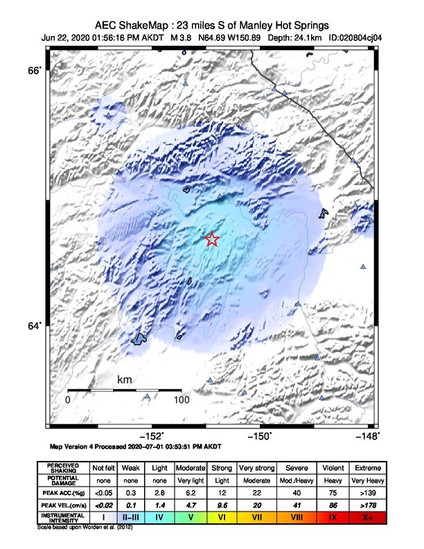 USGS ShakeMap intensity contours for the M3.8 earthquake near 36 km SSW of Manley Hot Springs, Alaska