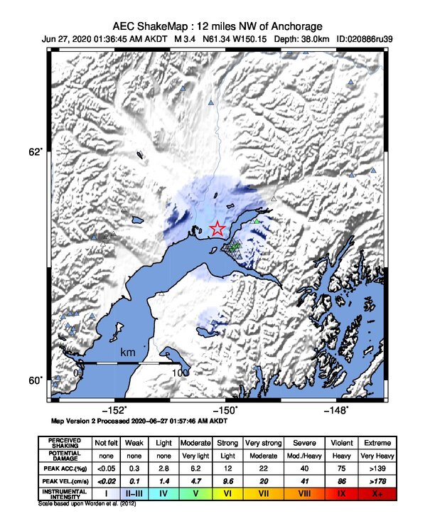 USGS ShakeMap: estimated shaking intensity around the epicenter