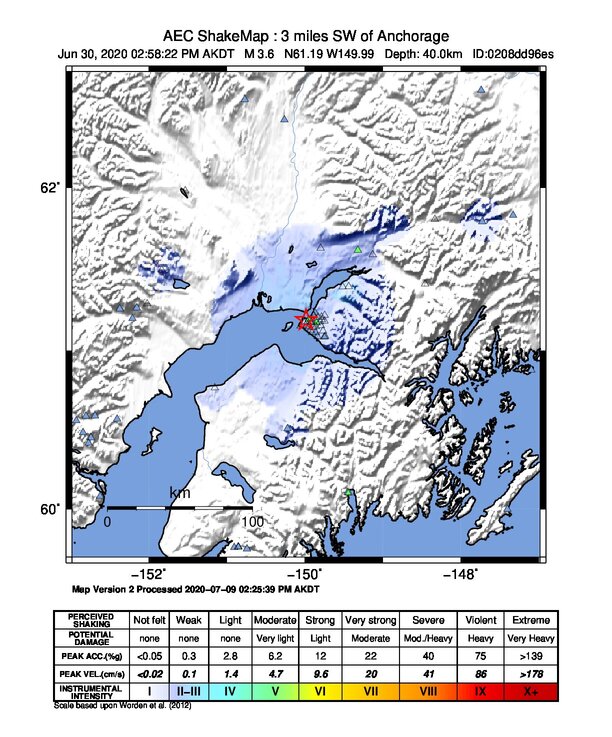 USGS ShakeMap: estimated shaking intensity around the epicenter