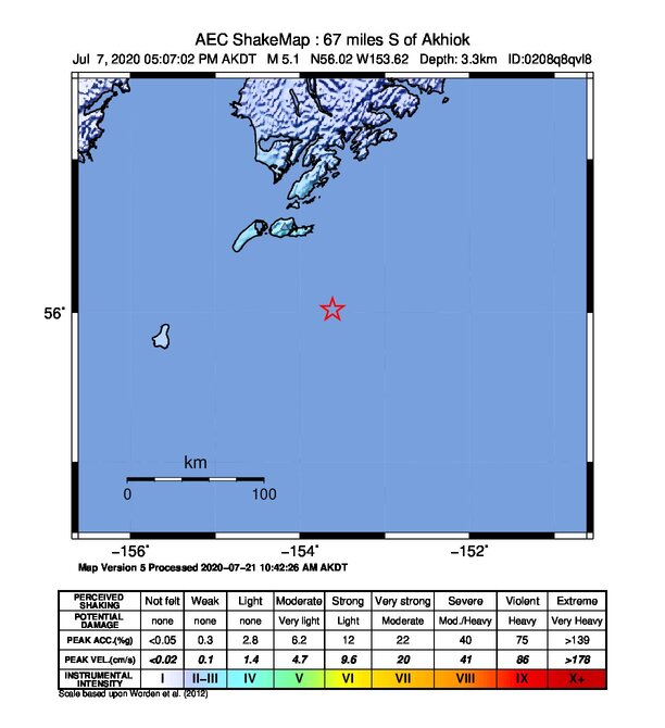 USGS ShakeMap intensity contours for the M5.1 earthquake near 108 km SSE of Akhiok, Alaska