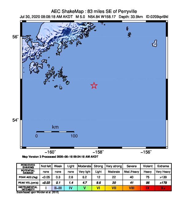 USGS ShakeMap intensity contours for the M5.0 earthquake near 134 km SSE of Perryville, Alaska