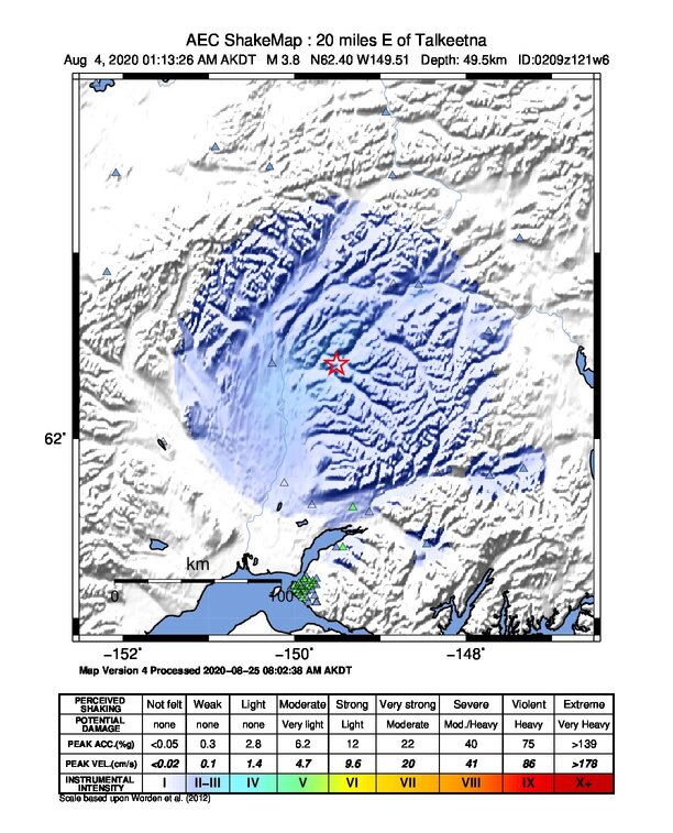 USGS ShakeMap: estimated shaking intensity around the epicenter
