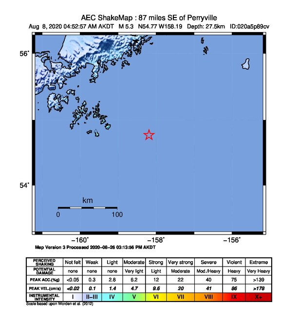 USGS ShakeMap intensity contours for the M5.4 earthquake near 140 km SSE of Perryville, Alaska