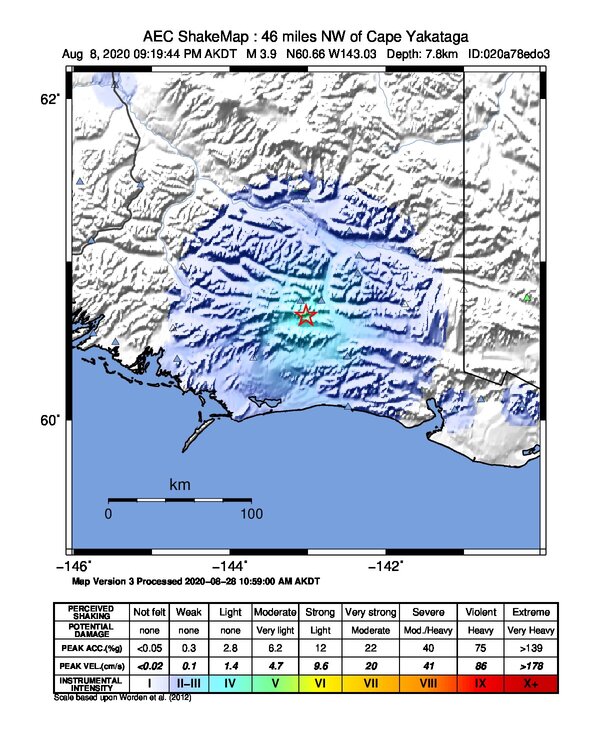 USGS ShakeMap: estimated shaking intensity around the epicenter