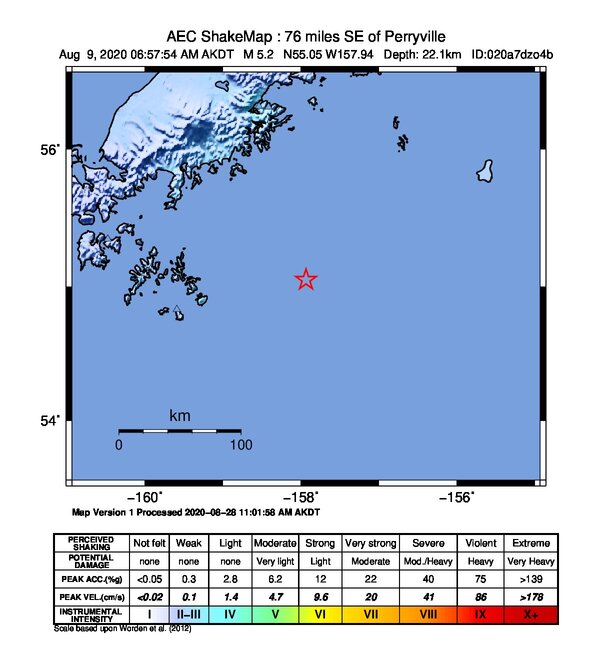 USGS ShakeMap intensity contours for the M5.1 earthquake near 122 km SE of Perryville, Alaska