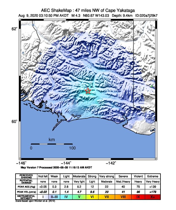 USGS ShakeMap: estimated shaking intensity around the epicenter