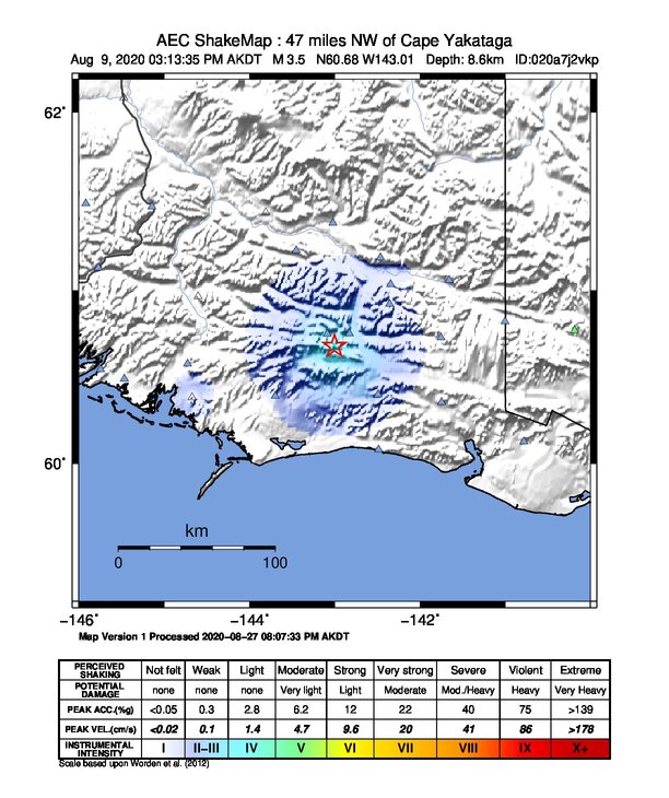 USGS ShakeMap intensity contours for the M3.5 earthquake near Southern Alaska