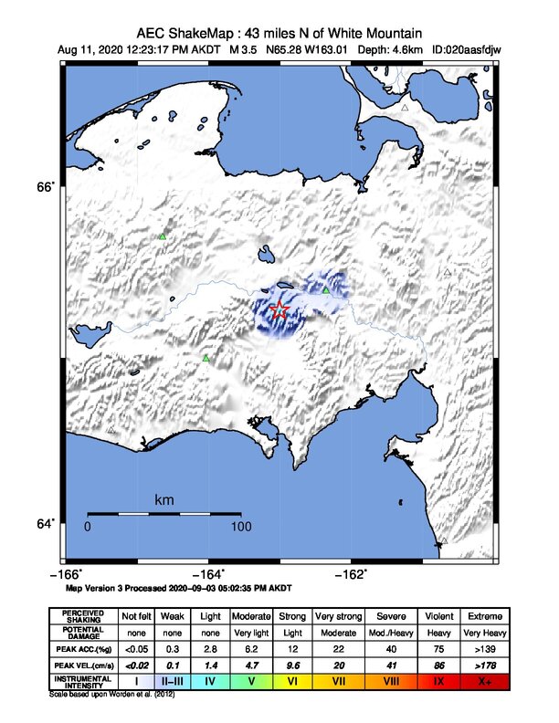 USGS ShakeMap intensity contours for the M3.5 earthquake near 69 km NNE of White Mountain, Alaska
