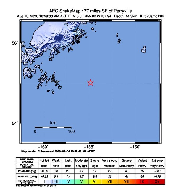USGS ShakeMap intensity contours for the M5.1 earthquake near 125 km SE of Perryville, Alaska