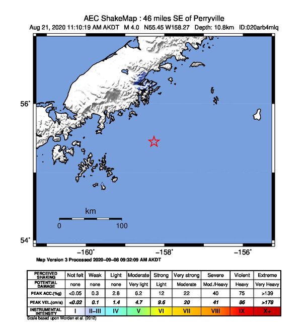 USGS ShakeMap intensity contours for the M4.0 earthquake near 75 km SE of Perryville, Alaska