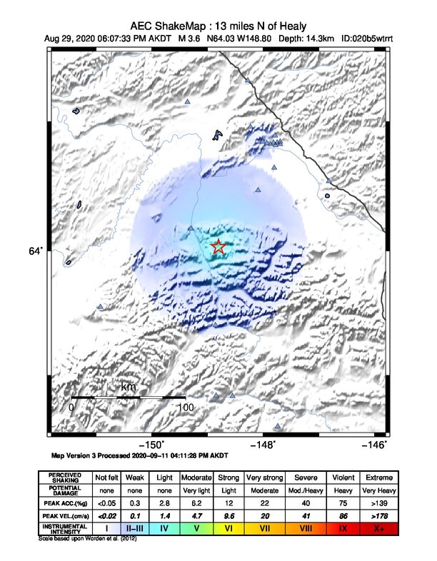 USGS ShakeMap: estimated shaking intensity around the epicenter