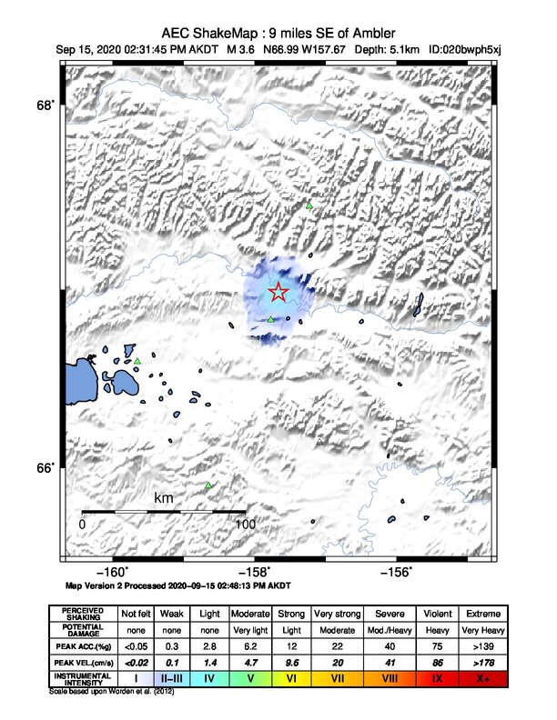 USGS ShakeMap intensity contours for the M3.4 earthquake near 15 km SE of Ambler, Alaska