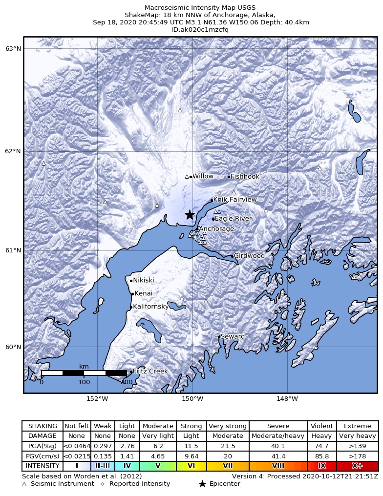 USGS ShakeMap intensity contours for the M3.1 earthquake near 4 km W of Point MacKenzie, Alaska
