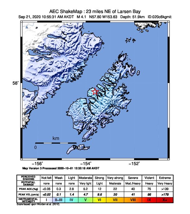USGS ShakeMap intensity contours for the M4.1 earthquake near 36 km NE of Larsen Bay, Alaska