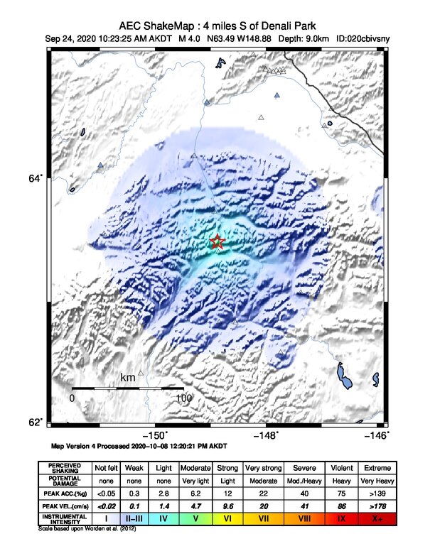 USGS ShakeMap intensity contours for the M4.0 earthquake near 11 km NNE of Cantwell, Alaska