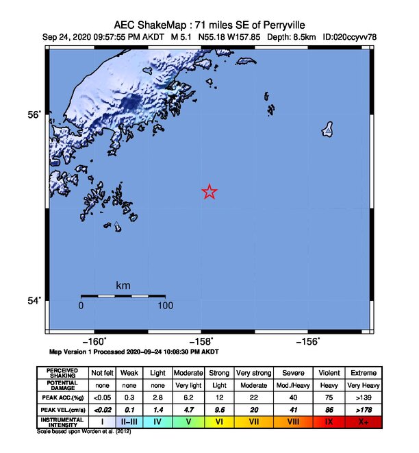 USGS ShakeMap intensity contours for the M4.9 earthquake near 130 km SE of Perryville, Alaska