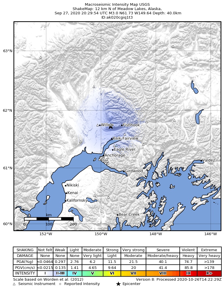 USGS ShakeMap: estimated shaking intensity around the epicenter