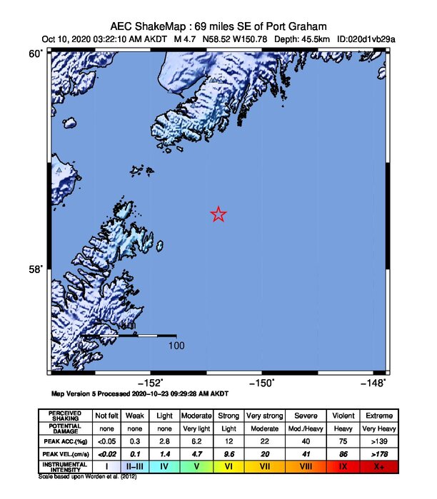 USGS ShakeMap intensity contours for the M4.7 earthquake near 110 km SSE of Port Graham, Alaska