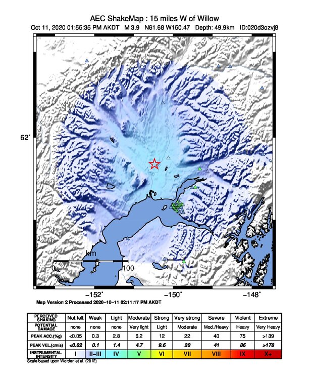 USGS ShakeMap: estimated shaking intensity around the epicenter
