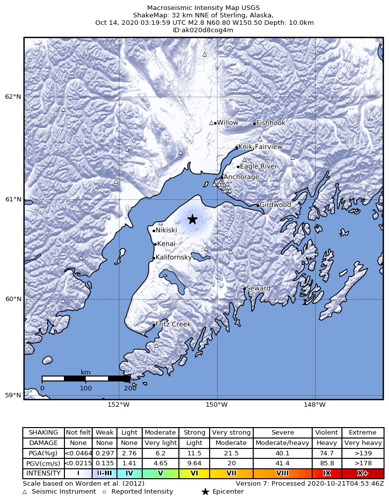 USGS ShakeMap: estimated shaking intensity around the epicenter