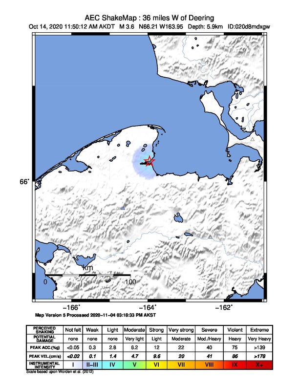 USGS ShakeMap intensity contours for the M3.6 earthquake near 57 km WNW of Deering, Alaska