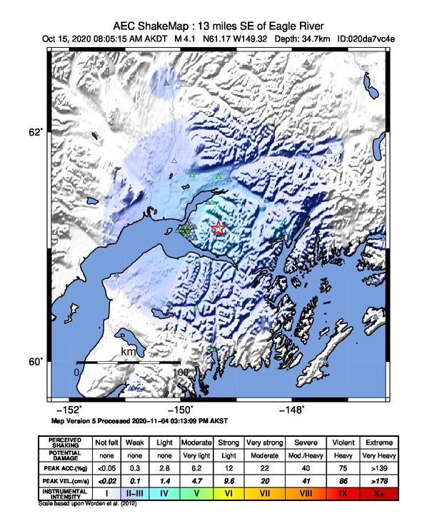 USGS ShakeMap: estimated shaking intensity around the epicenter