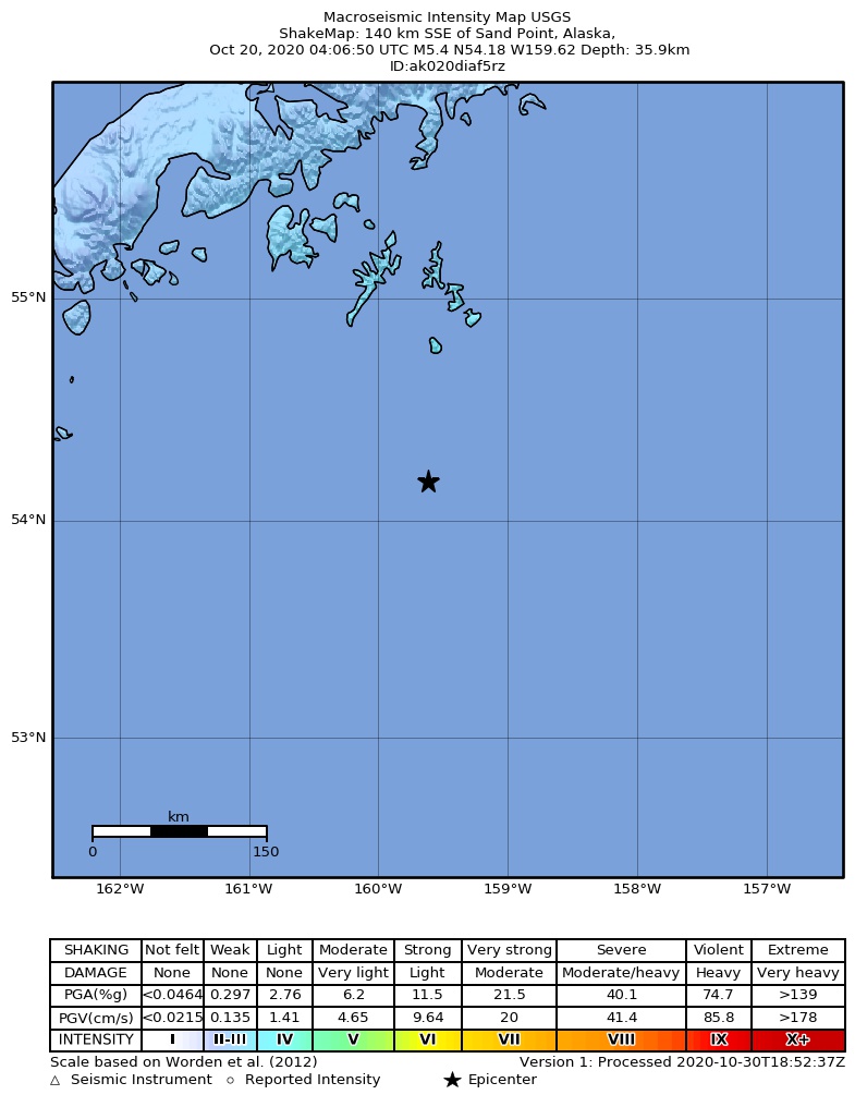USGS ShakeMap: estimated shaking intensity around the epicenter