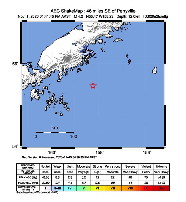 USGS ShakeMap intensity contours for the M4.2 earthquake near 75 km SE of Perryville, Alaska