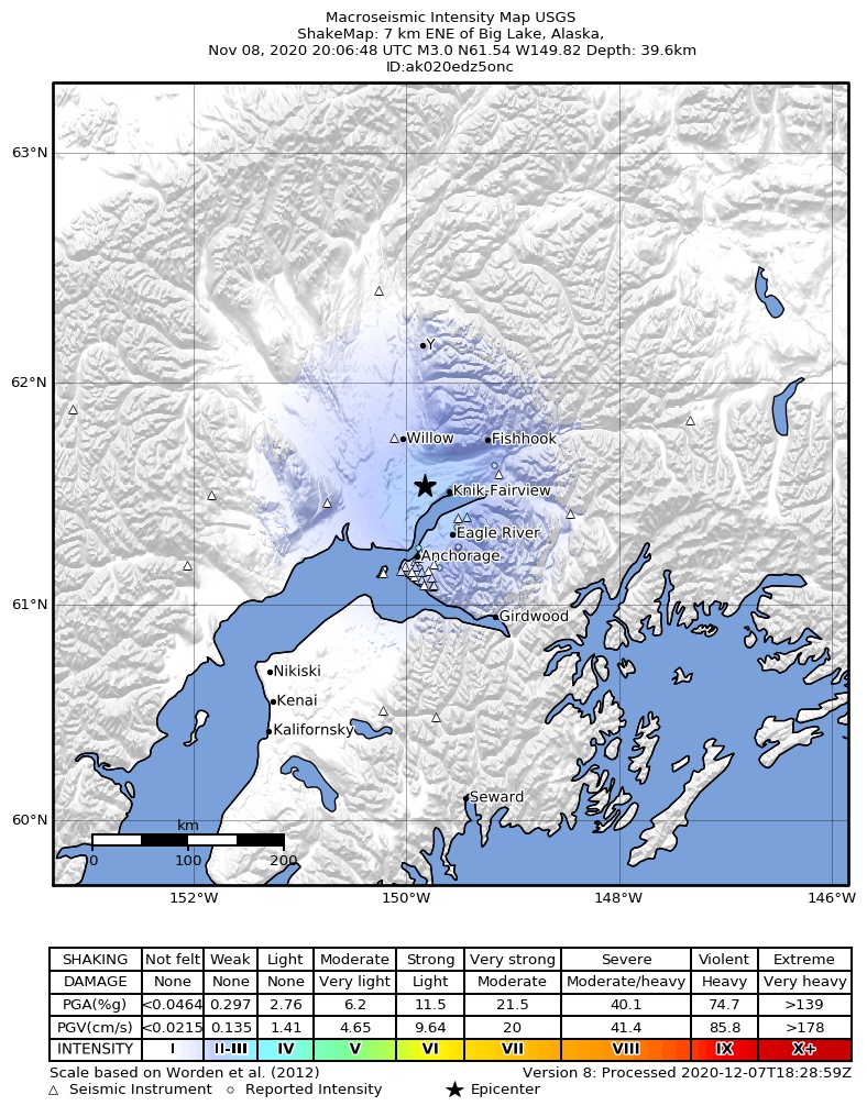 USGS ShakeMap intensity contours for the M3.0 earthquake near 7 km ENE of Big Lake, Alaska