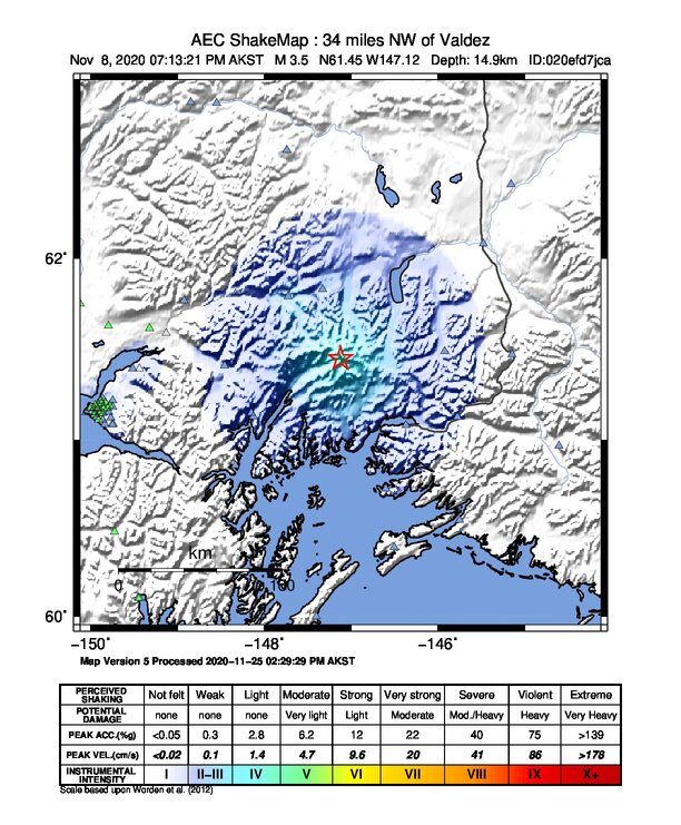 USGS ShakeMap: estimated shaking intensity around the epicenter