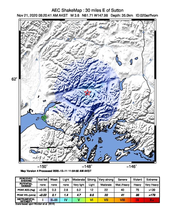 USGS ShakeMap: estimated shaking intensity around the epicenter