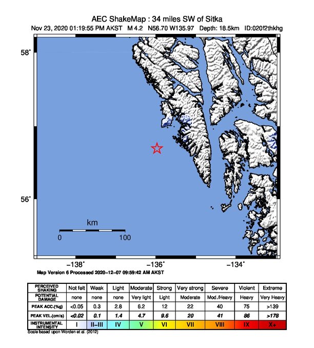 USGS ShakeMap intensity contours for the M4.2 earthquake near 55 km SW of Sitka, Alaska