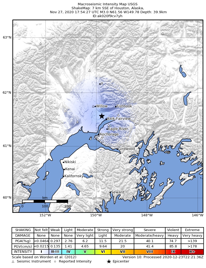 USGS ShakeMap intensity contours for the M3.0 earthquake near 7 km SSE of Houston, Alaska